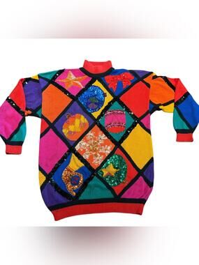 Vintage IB Diffusion Colorful Sequin Christmas Patchwork Sweater Womens Large